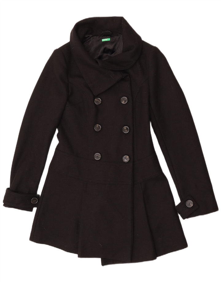 Benetton Dame Dobbeltradet Frakke IT 44 Medium Sort Virgin Wool