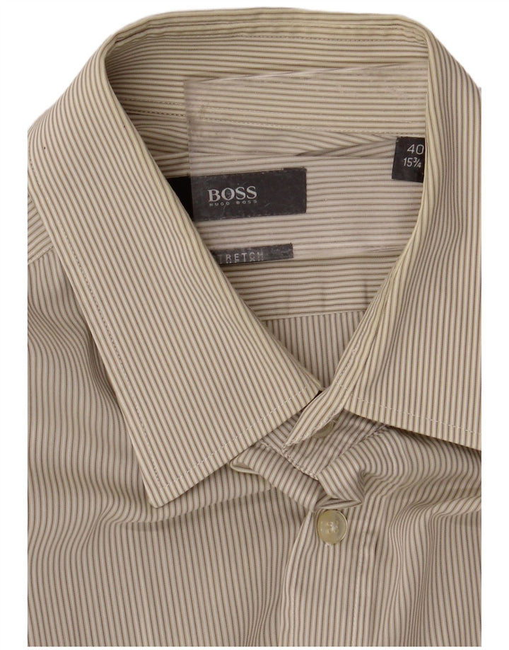 HUGO BOSS Mens Shirt Size 40 15 3/4 Medium Beige Pinstripe