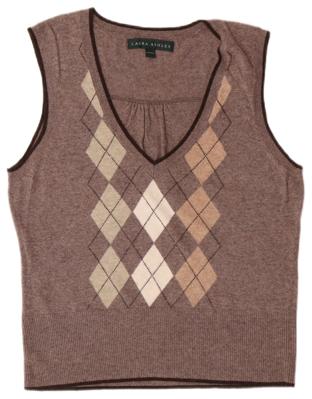 LAURA ASHLEY Dame Vest Tank Top UK 14 Large Brown Argyle/Diamond Viscose