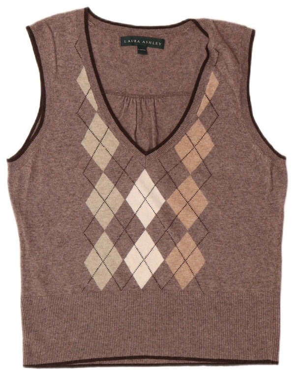 LAURA ASHLEY Dame Vest Tank Top UK 14 Large Brown Argyle/Diamond Viscose