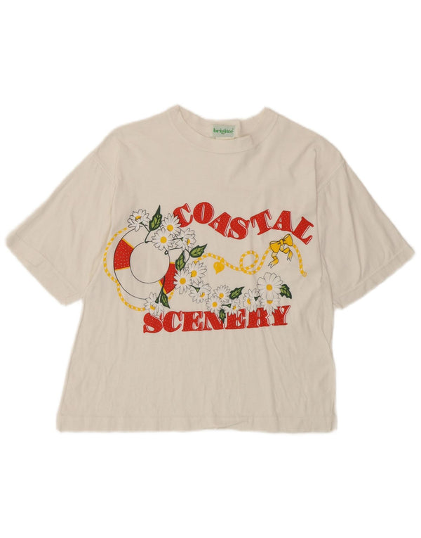 Vintage dame grafisk t-shirt top UK 4 XS hvid bomuld tropisk