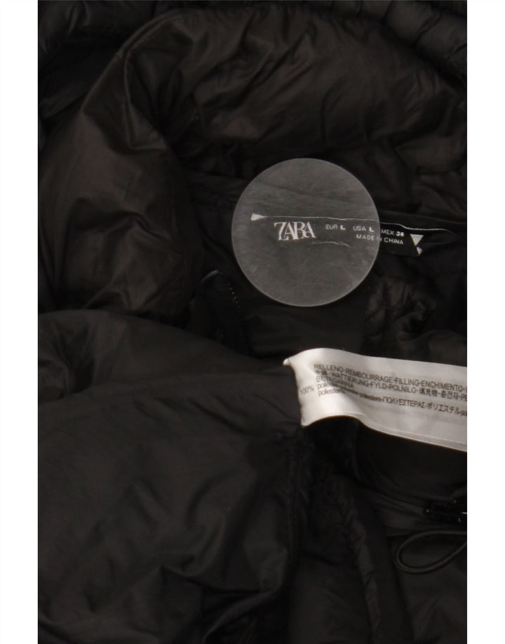ZARA Polstret frakke med hætte til kvinder UK 16 Stor sort polyester