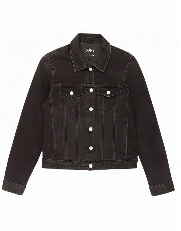 Zara Womens Crop Denim Jacket UK 14 Large Black