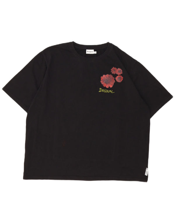 Desigual Dame Grafisk T-Shirt Top UK 20 2XL Sort Blomster Bomuld