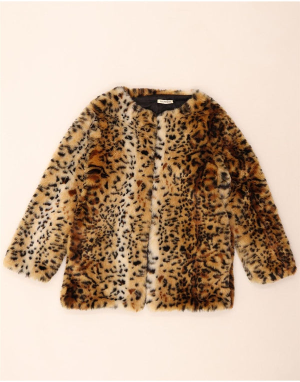 Vintage Dame Åben Faux Fur Jacket UK 14 Medium Brown Animal Print