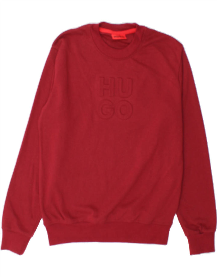 HUGO BOSS Mens Graphic Sweatshirt Jumper Medium Red Cotton Vintage Hugo Boss and Second-Hand Hugo Boss from Messina Hembry 