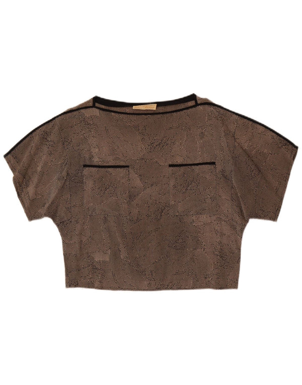 Vintage Dame Crop Bluse Top UK 14 Medium Brown Spotted Silke
