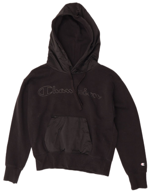Champion Womens Crop Graphic Oversized Hoodie Jumper UK 10 Small Black