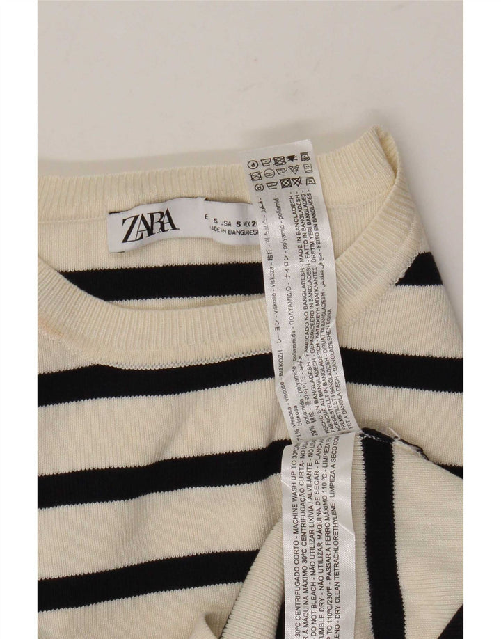 Zara Womens Crop Bluse Top UK 8 Small Off White Stribet Viscose