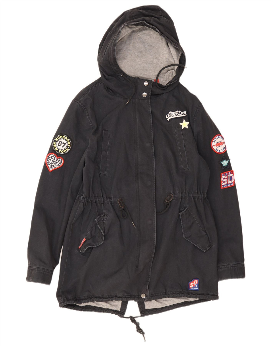 Superdry Grafisk Parkajakke med hætte til kvinder UK 12 Mellem marineblå bomuld