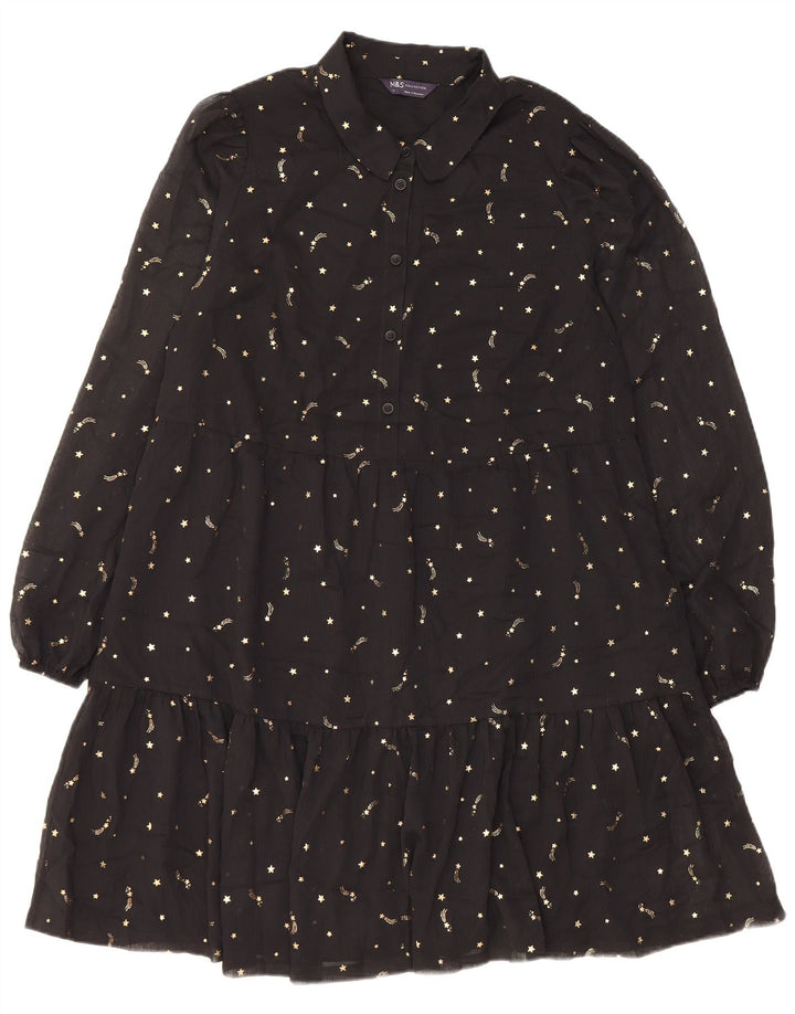 Marks & Spencer Kvinders Abstrakt Mønster Tiered Dress UK 14 Medium Black