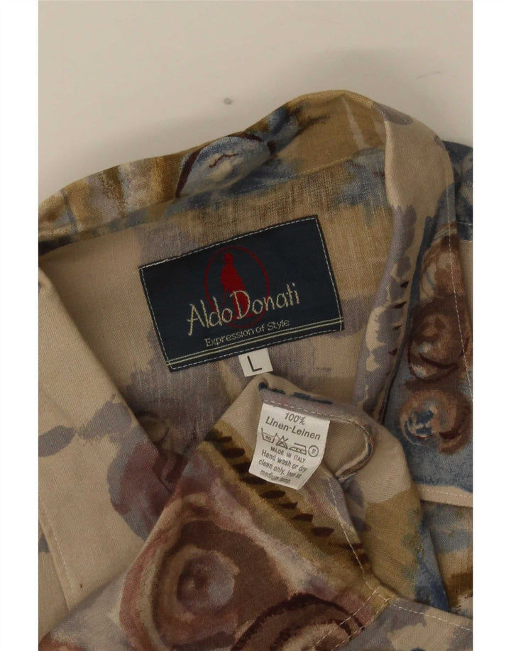 Vintage herre abstrakt mønster kortærmet skjorte stor beige hør