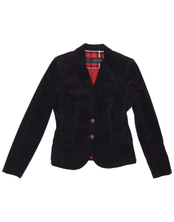 Zara Dame 2 Button Velvet Blazer Jacket UK 12 Medium Navy Blue Bomuld