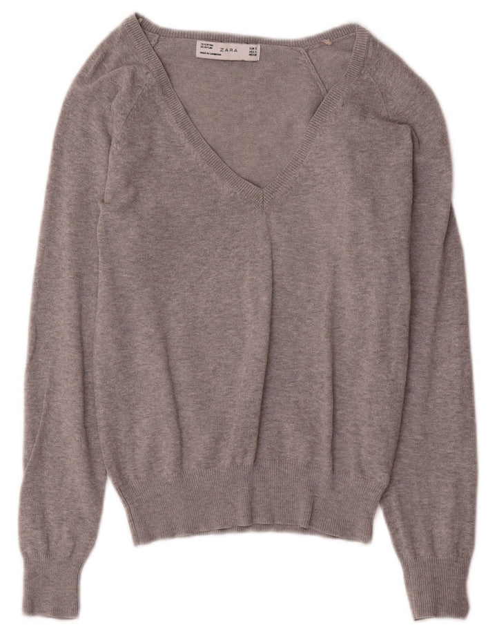 Zara Dame V-hals sweater UK 8 Lille grå bomuld