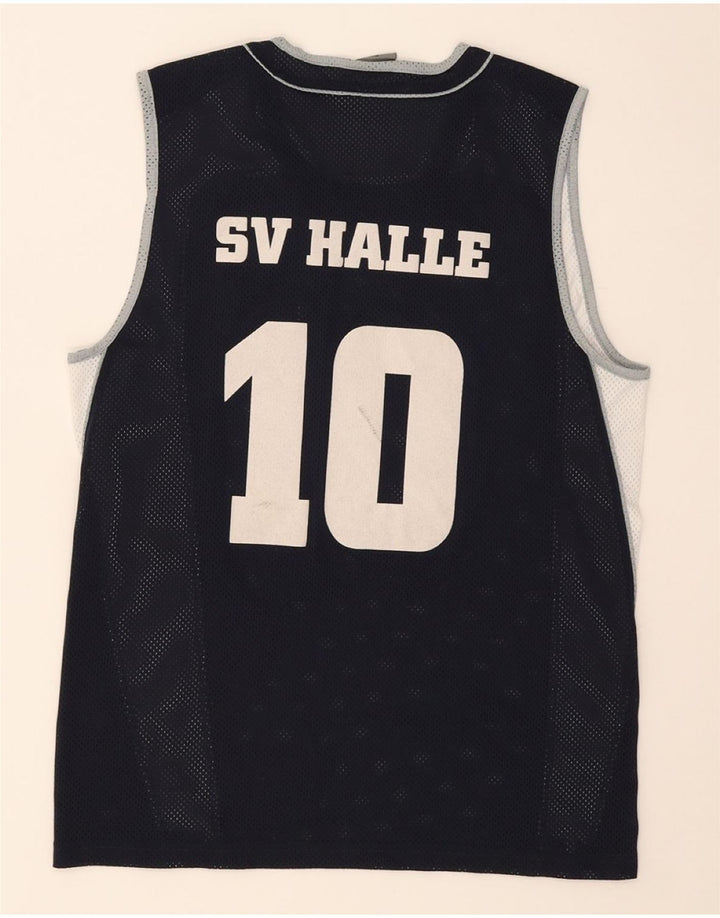 SPALDING Mens Graphic Vest Top Medium Navy Blue Colourblock Polyester Vintage Spalding and Second-Hand Spalding from Messina Hembry 