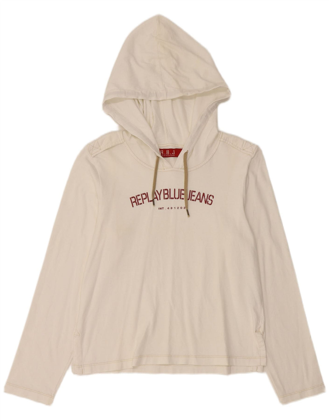 REPLAY Dame Hooded Grafisk Top Langærmet UK 14 Large White Bomuld