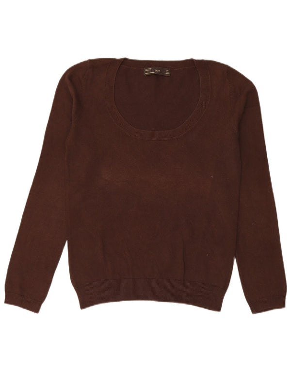 Zara Dame Boat Neck Jumper Sweater UK 14 Stor Brun Bomuld