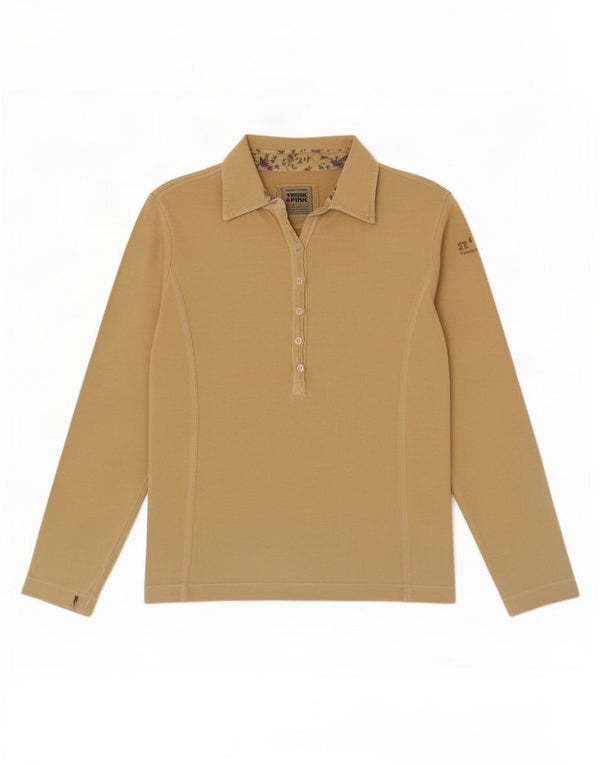Think Pink Womens Long Sleeve Polo Shirt UK 14 Large Beige Cotton