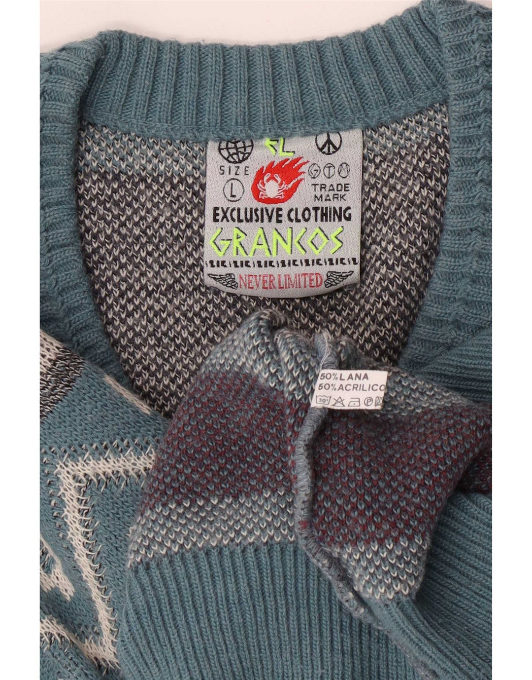 Vintage herre V-hals sweater stor blå geometrisk uld
