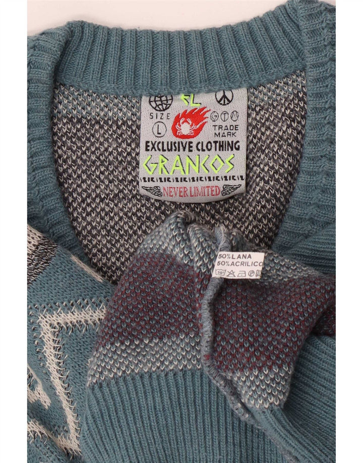Vintage herre V-hals sweater stor blå geometrisk uld