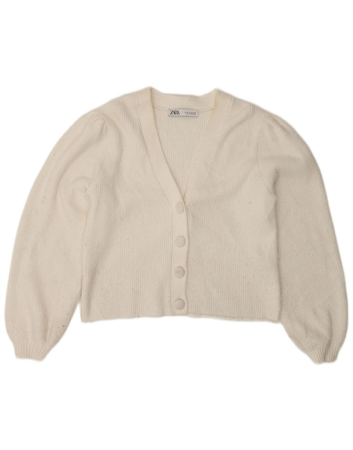 Zara Dame Cardigan Sweater UK 12 Medium White Viscose