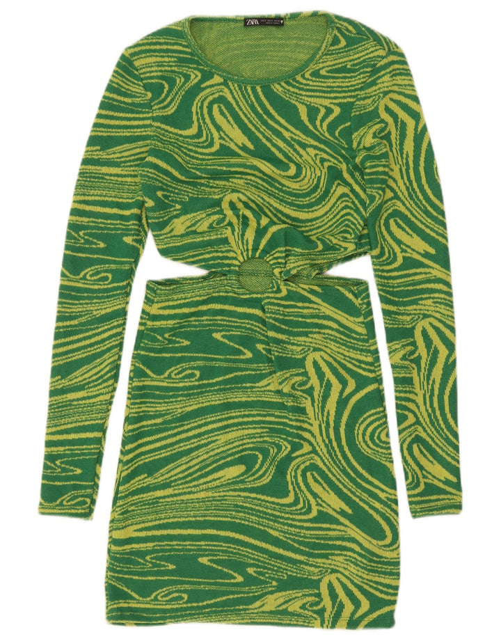 Zara Womens Abstrakt mønster udskæring Bodycon Dress UK 8 Small Green