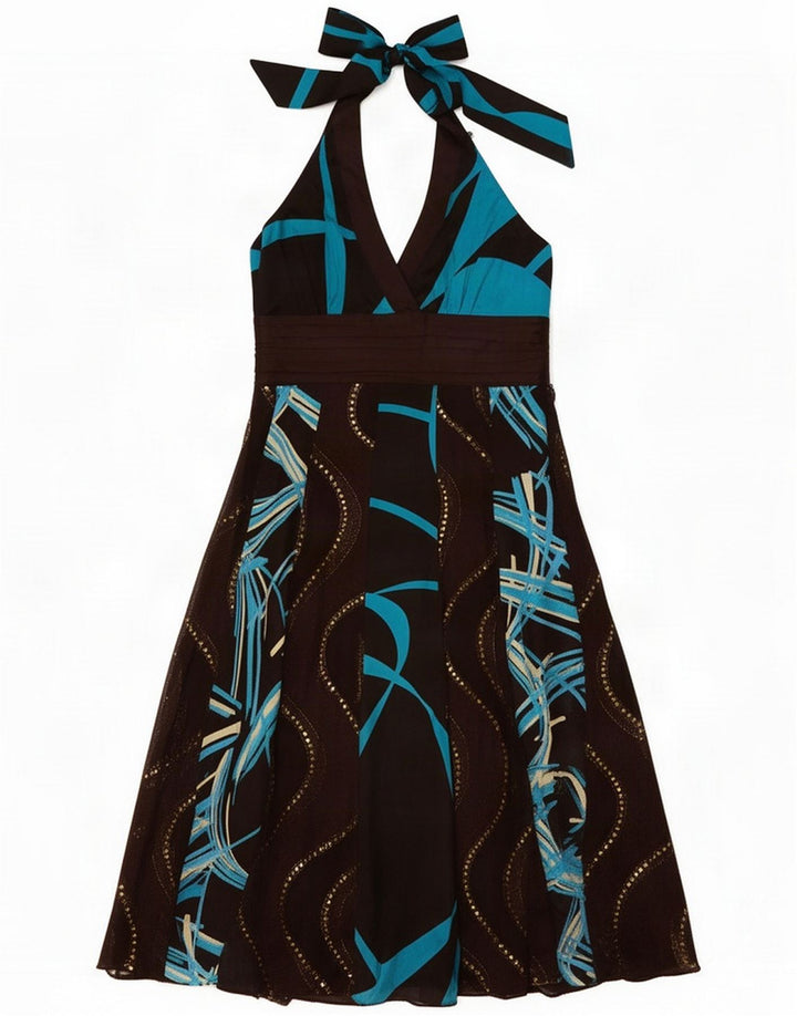 Monsoon Kvinder abstrakt mønster Halter Dress UK 12 Medium Brown Silke