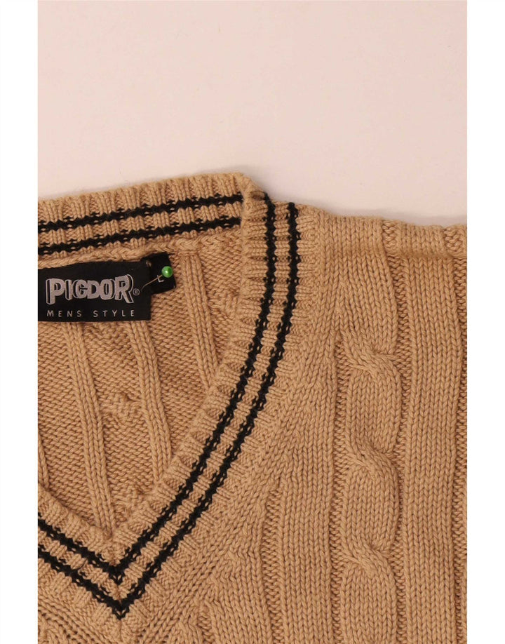 Vintage herre V-hals sweater stor beige bomuld