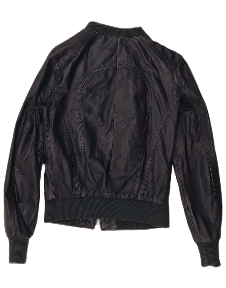 PLEASE Womens Bomber Leather Jacket IT 42 Medium Navy Blue Leather