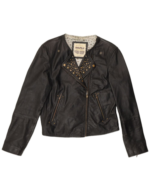RINO & PELLE Dame Crop Biker Læderjakke UK 12 Medium Sort Læder