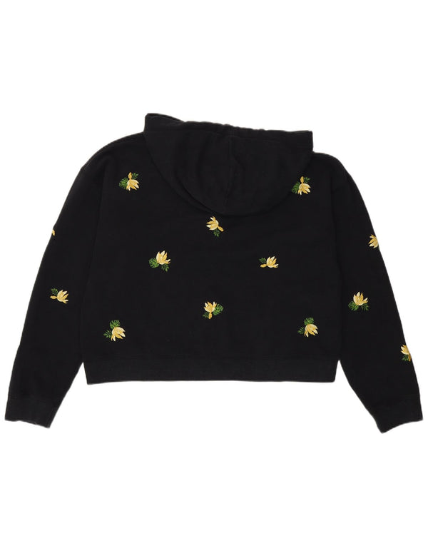 Jack Wills Dame Crop Hoodie Jumper UK 12 Medium Black Floral Cotton