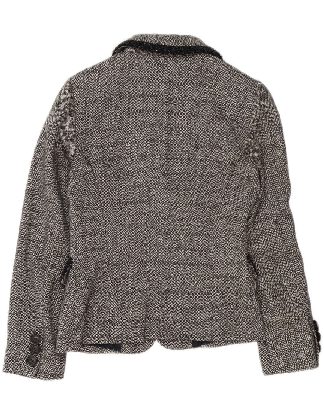 VINTAGE Womens 3 Button Blazer Jacket UK 10 Small Grey Herringbone Linen