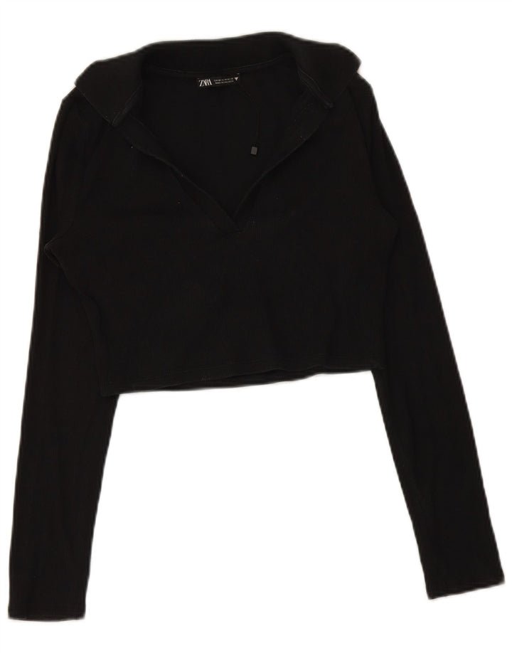 Zara Dame langærmet Crop Polo Shirt UK 12 Medium Black