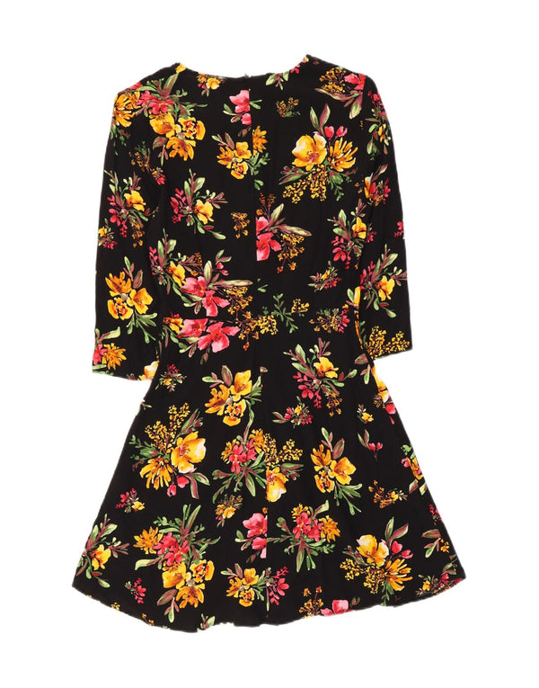 Zara Dame 3/4 ærmet A-line kjole UK 4 XS Sort Floral Viscose