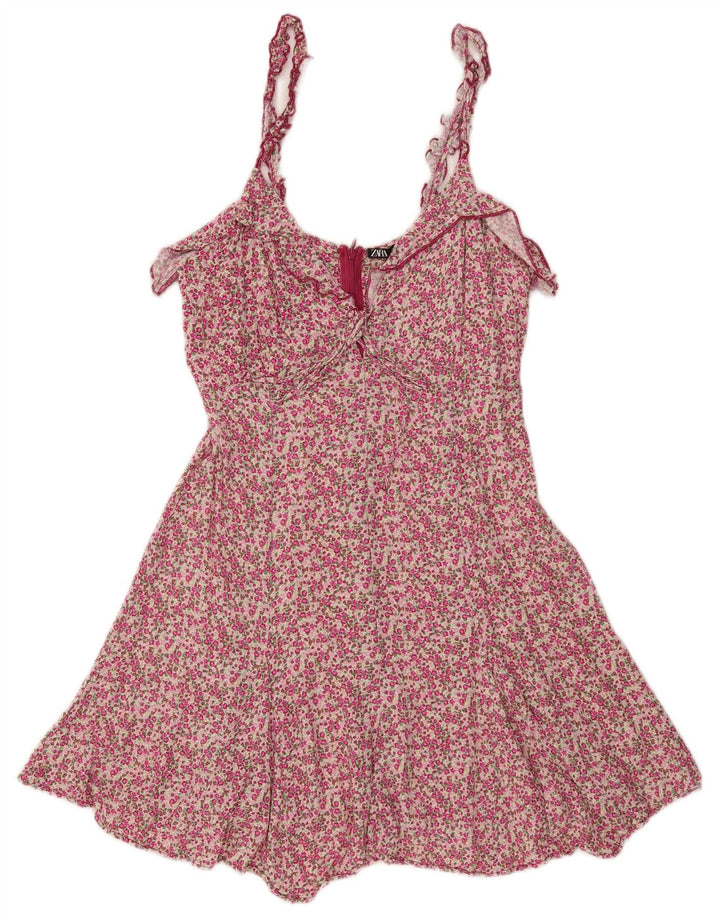 Zara Womens Ruffle Sundress UK 14 Large Pink Floral