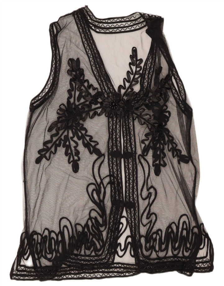 Vintage Dame Gennemsigtig Skjorte Bluse UK 14 Medium Black Floral