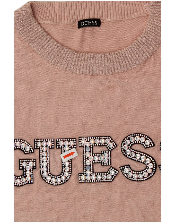 GUESS Womens Graphic Crew Neck Jumper Sweater UK 10 Small Pink