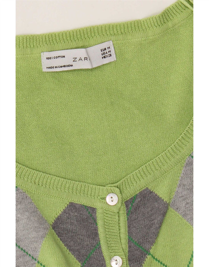 Zara Dame Cardigan Sweater UK 12 Medium Green Argyle/Diamond Bomuld