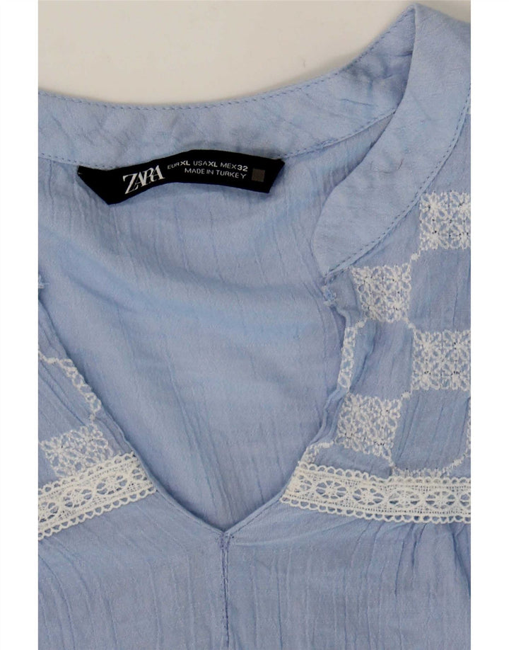 Zara Dame Langærmet Oversized Bluse Top UK 18 XL Blå Geometrisk