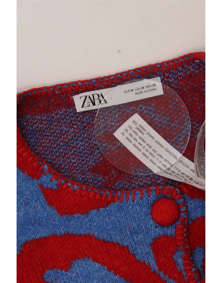 Zara Dame Cardigan Sweater UK 14 Medium Blue Floral Polyester