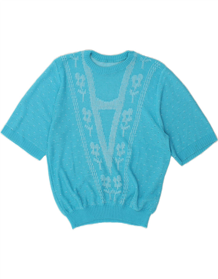 VINTAGE Womens Short Sleeve Crew Neck Jumper Sweater UK 14 Medium Blue Vintage Vintage and Second-Hand Vintage from Messina Hembry 