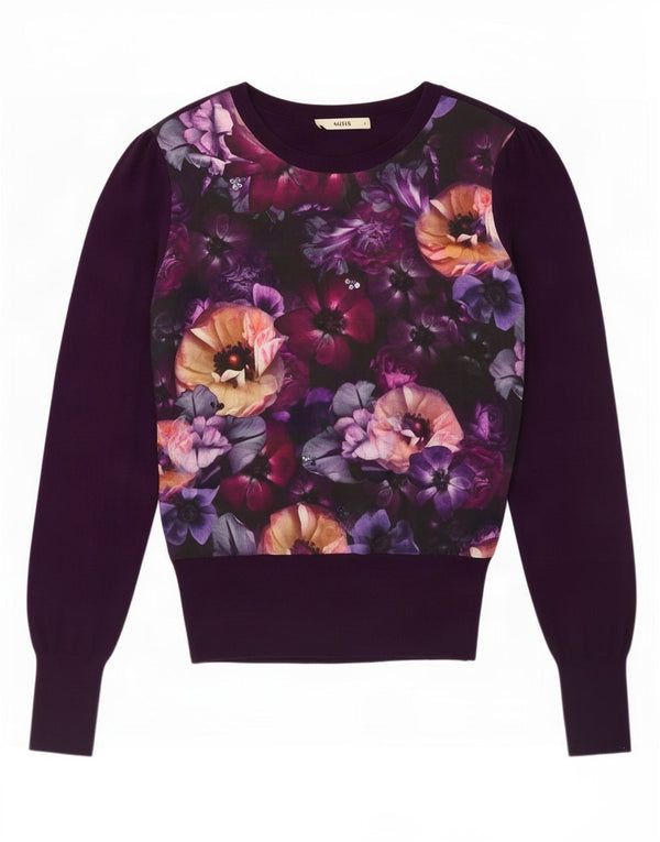 Oasis Dame Boat Neck Jumper Sweater UK 14 Medium Purple Floral Bomuld