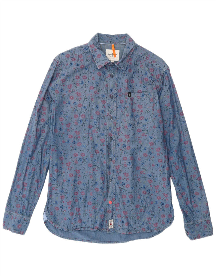 PEPE JEANS Herre Slim Shirt Medium Blue Floral Bomuld