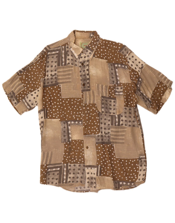 Vintage kortærmet herreskjorte medium brun patchwork