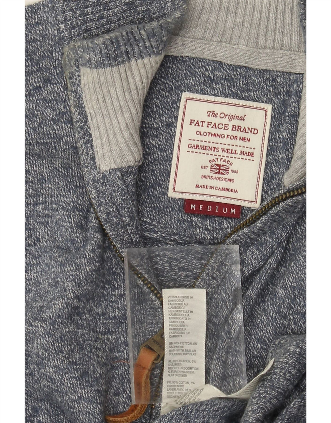 Fat Face Herre Zip Neck Jumper Sweater Medium Blue Flecked Bomuld Classic