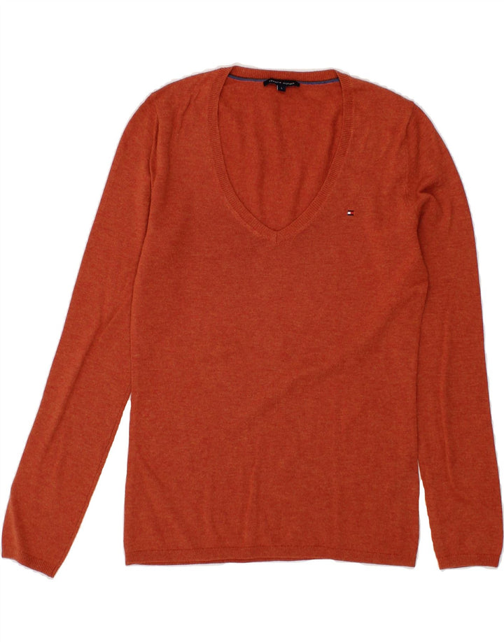 TOMMY HILFIGER Womens V-Neck Jumper Sweater UK 10 Small Orange Wool Vintage Tommy Hilfiger and Second-Hand Tommy Hilfiger from Messina Hembry 