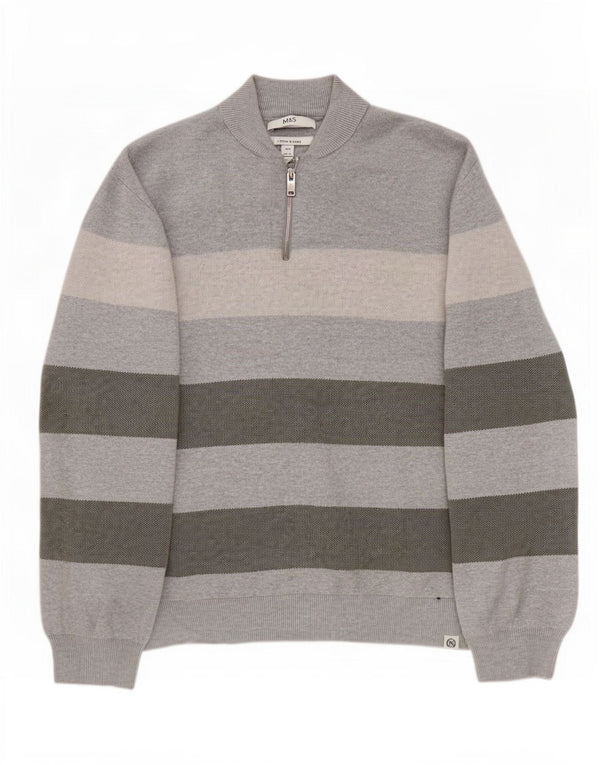 Marks & Spencer Herre Zip Neck Jumper Sweater 3XL Grå Stribet Bomuld