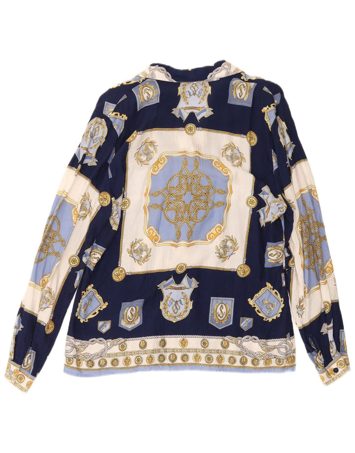 VINTAGE kvinders abstrakt mønster skjortebluse UK 14 Medium Navy Blue