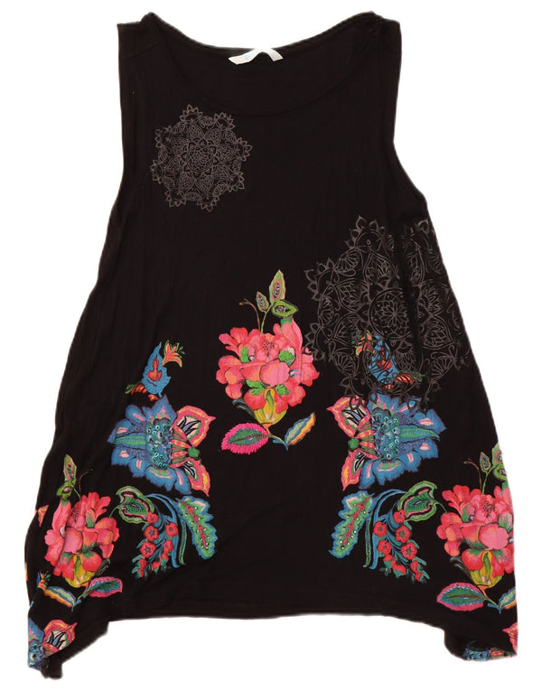 Desigual Dame Ærmeløs Tunika Top UK 14 Large Black Floral