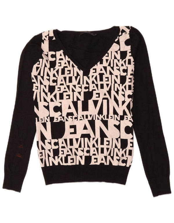 Calvin Klein Jeans Dame Grafisk V-hals Jumper Sweater UK 10 Lille Sort